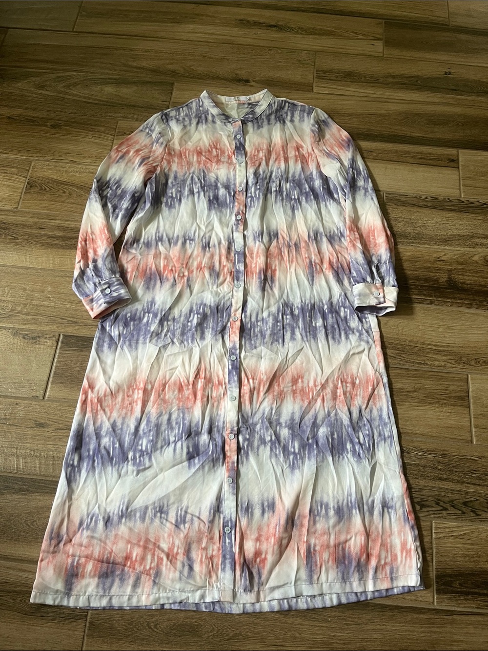 EPIK Tie-Dye Button-Front Maxi Shirt Dress in Coral & Lavender